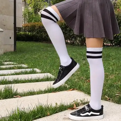 春秋季儿童长筒袜纯棉半高筒学生校服袜男童中筒袜女童过膝长袜子白色