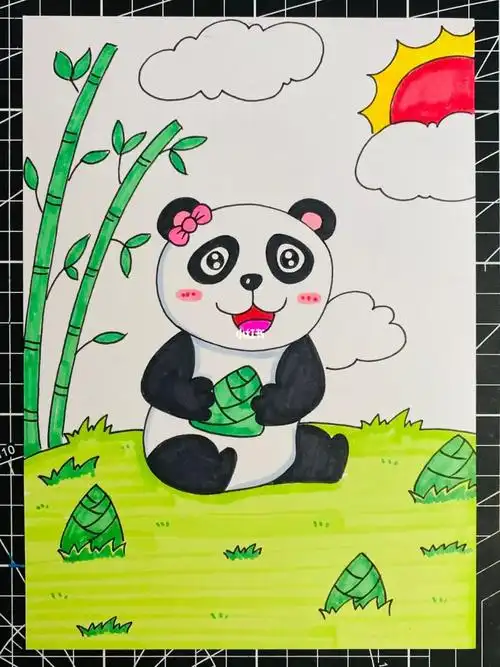 爱吃竹笋的熊猫儿童创意画动物卡通画