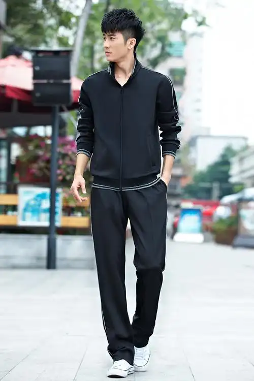 热卖春秋新款 中老年休闲套装男 运动户外男试套装纯色运动服