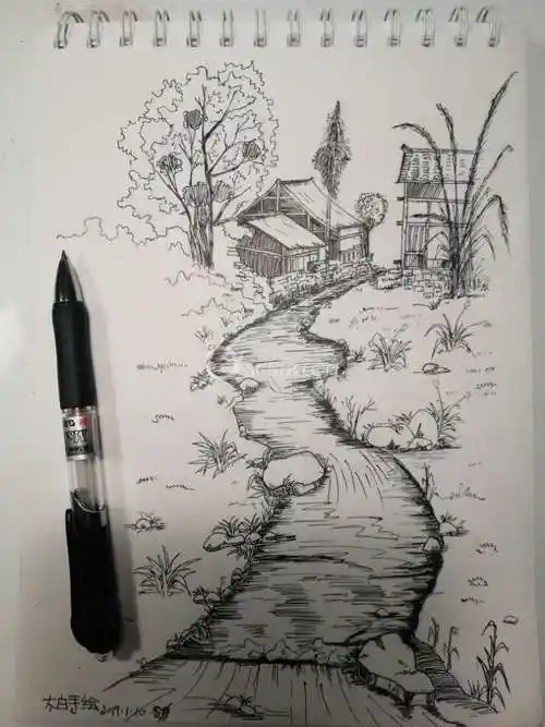 白描速写风景画