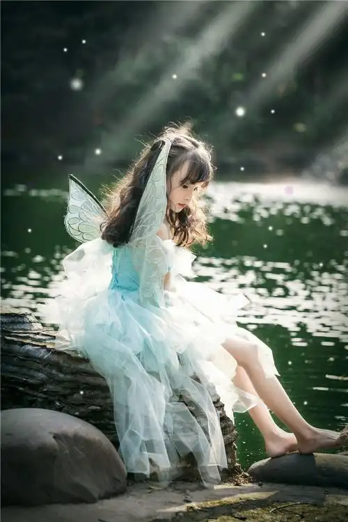 女童精灵装带蝴蝶翅膀7万圣节cos蝴蝶仙子裙儿童摄影仙女薄荷绿6