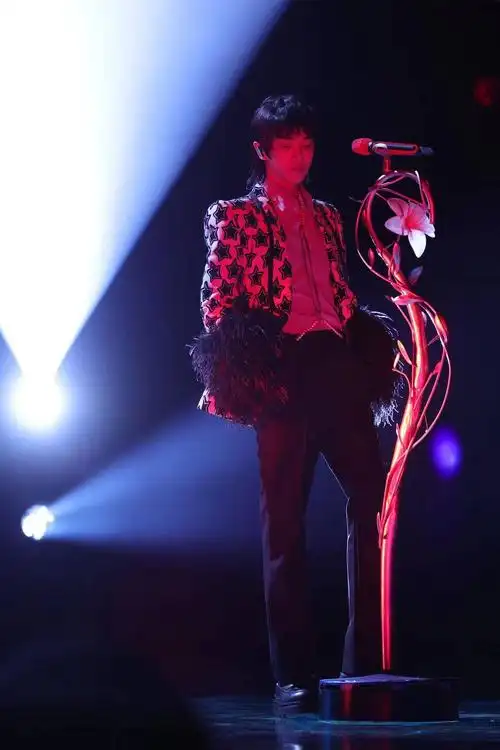 这是华晨宇加盟湖南卫视跨年晚会的第九年,他手持牵牛花麦架,在万花筒