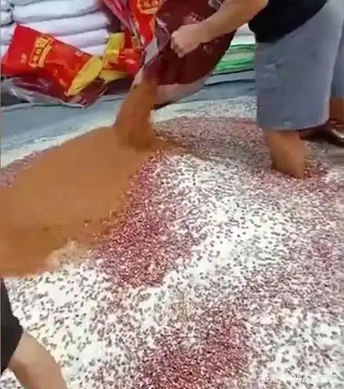 可以看到将原料搅拌均匀这几名男子就一直用脚整个过程中将红豆,玉米