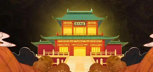 中国风阁楼国风背景古风山水国风建筑背景敦煌国潮壁画中国风山水院子