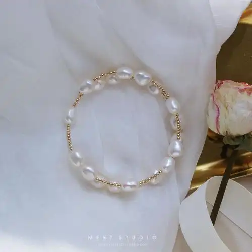 手抵14k包金天然巴洛克珍珠复古手镯记忆弹力手镯