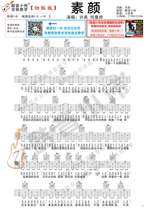 素颜 初级版 酷音小伟吉他弹唱教学 许嵩 吉他谱 和弦谱,简谱