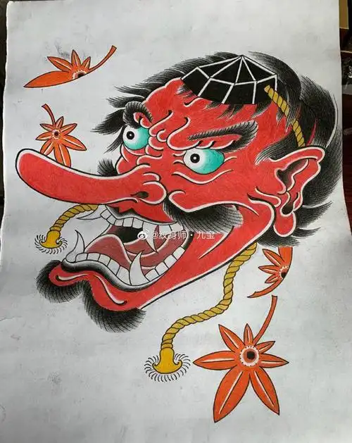大天狗(未完待续)纹身图片_腿部老传统old school天狗浮世绘能面纹身