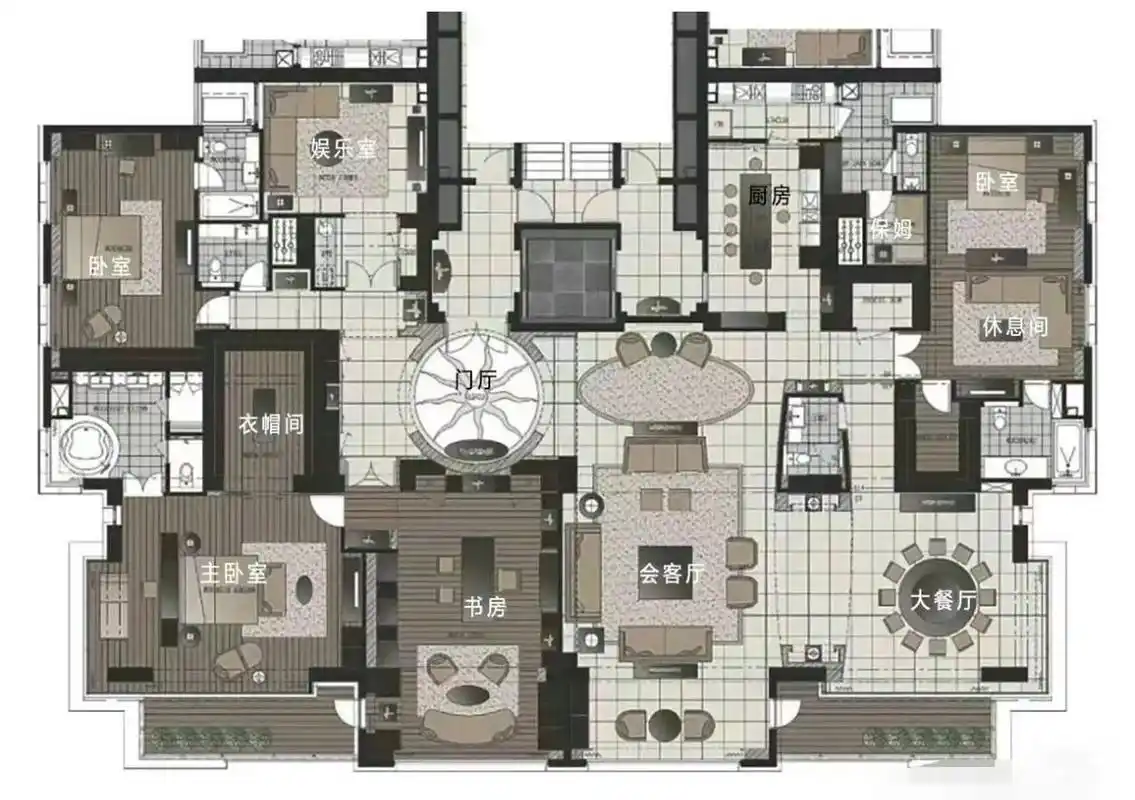 92这是一套由两套房子打通的大平层,面积接近400平方米.
