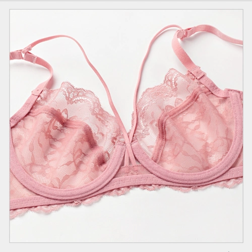 超薄性感蕾丝胸罩聚拢上托大胸显小镂空透明内衣女调整型文胸套装