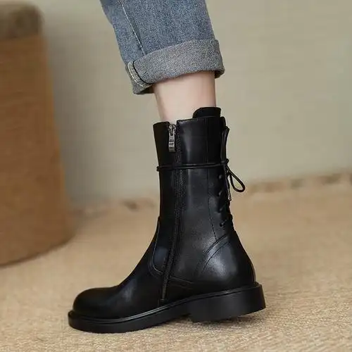 英伦风中筒靴子单靴子百搭短靴黑色2022真皮靴女马丁靴