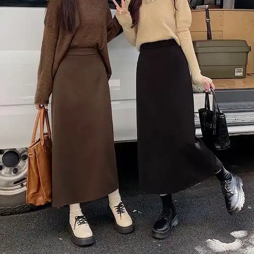 毛呢直筒半身裙女秋冬新款大码胖mm高腰显瘦开叉中长款a字一步裙