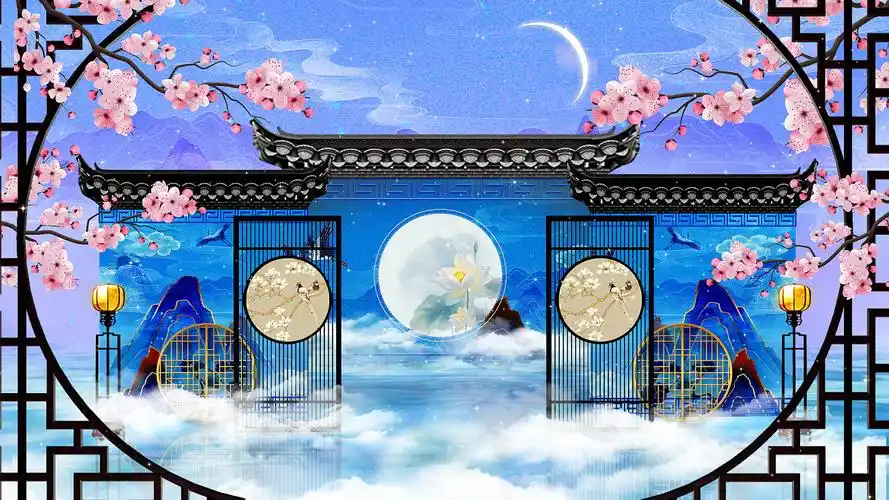 4k唯美中国风蓝色屋檐山水舞台背景视频ae模板旗袍秀背景[mp4 gif]