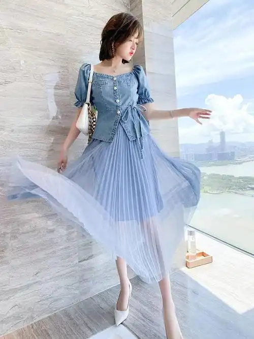 泡泡袖单排扣修身牛仔上衣 网纱百褶半裙套装女2021夏季新品