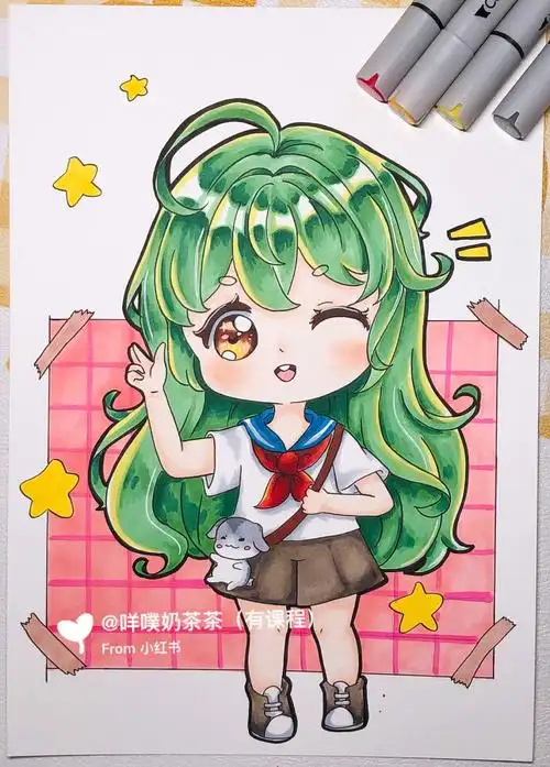 q版动漫马克笔绘画可爱女生