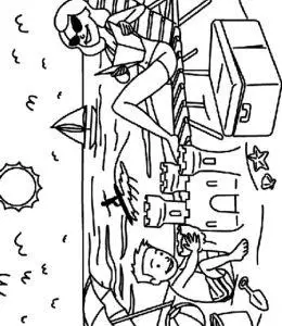 沙滩度假晒太阳的妈妈和堆沙子的小朋友涂色卡通图片大全