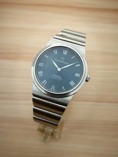 瑞士欧米茄星座712超薄深蓝花草纹盘机械表