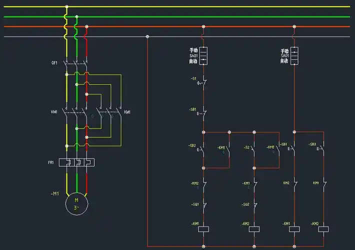 电路图设计用两个按钮一个急停开关两个行程开关一个手自动切换开关