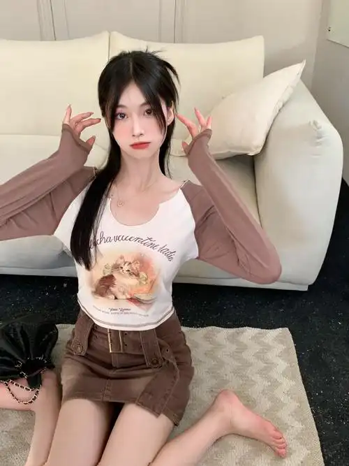 实拍大码胖妹妹早春辣妹甜心猫咪印花t恤女短款修身显瘦长袖上… - 17