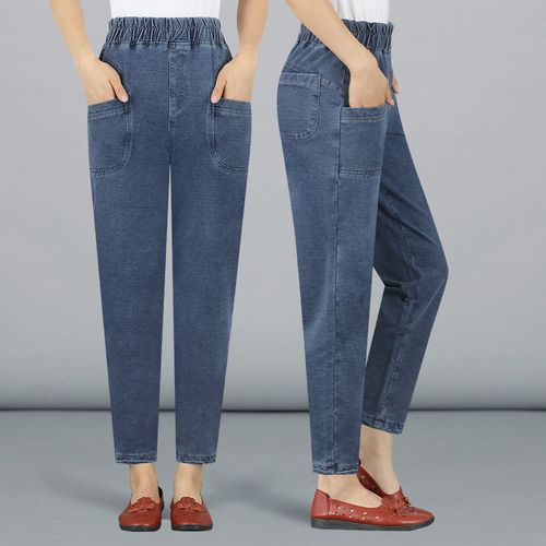 高腰牛仔萝卜裤中年春秋款宽松哈伦裤时尚妈妈大码加绒中老年女裤