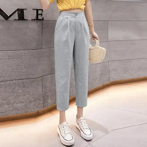 夏季一米五矮个子女装冰丝棉麻九分裤女宽松萝卜裤显瘦百搭哈伦裤