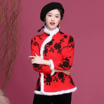 oy20289旗袍改良版唐装外套刺绣毛过年服