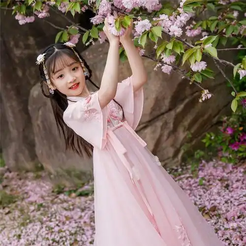 小女孩汉服女童夏装仙女裙抖音齐襦裙夏季儿童古装雪纺短袖连衣裙