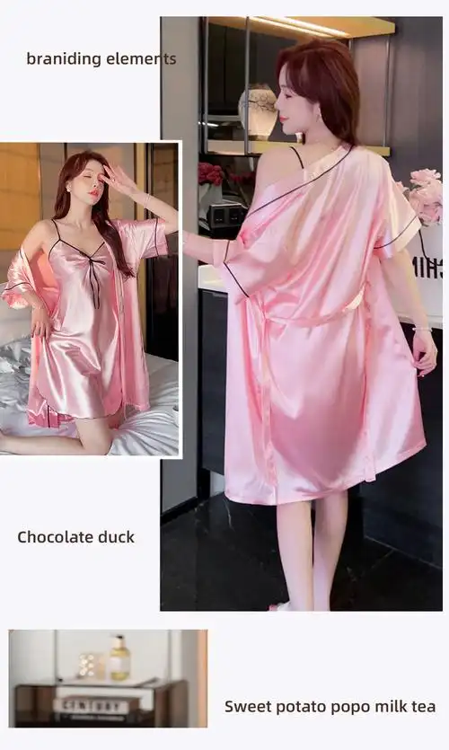 春夏季新款性感甜美仿真丝纯色吊带睡裙两件套家居服