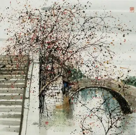 小桥流水烟雨江南古风插画