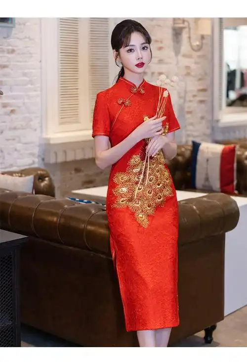 实拍红色旗袍春夏季新款复古国风改良连衣裙新娘敬酒服 - 17网