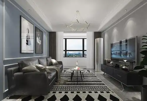 客厅以灰蓝色和高级灰为主色调,呈现出中性,冷静大气的气调.