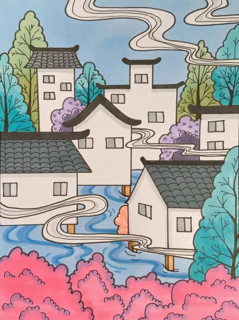 雾天小镇古城古镇徽派建筑儿童画简笔画儿创 美术宝 迷雾都市 课效