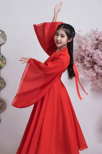 女童汉服古装儿童女古代衣服女仙女红昭愿古装古筝演出服中国风 红色