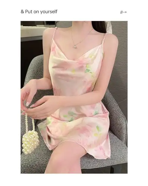 冰丝睡衣女夏季法式性感荡领吊带睡裙丝绸家居服2024新款纯欲风 - 17