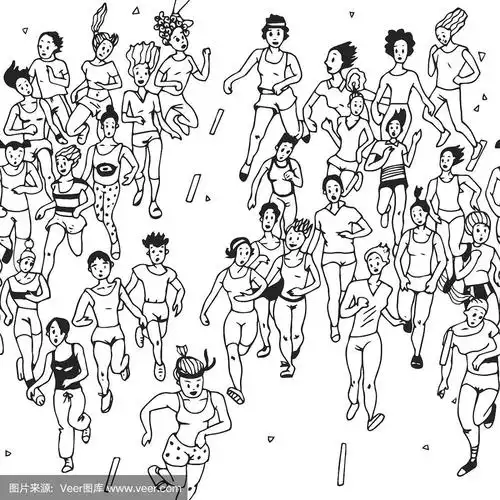 女子马拉松跑者的无缝模式.人物卡通女孩.彩色矢量人设置.手绘涂鸦.