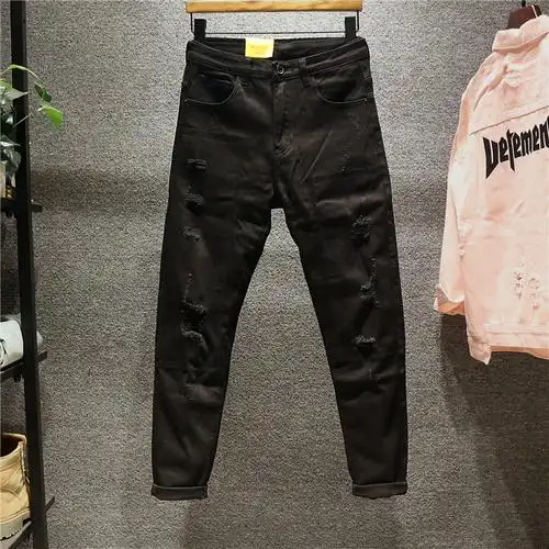 森德潮男黑色破洞补丁乞丐潮牌日系原宿风牛仔长裤男网红抖音小脚