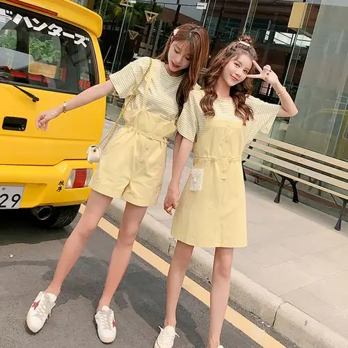一折裙子女夏学生 两件套_夏季闺蜜姐妹套装女洋气俏皮减龄学生条纹
