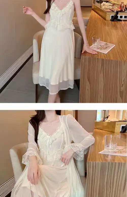 百圣塔性感睡衣诱惑法式舒适网纱睡衣女性感领吊带睡裙长款纯欲风蕾丝
