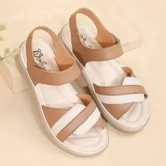 佐伐软底舒适妈妈凉鞋女夏季新款中老年平底奶奶鞋卡其色35
