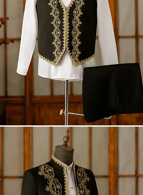 欧洲中世纪服装男复古贵族礼服王子国王戏服欧式舞台演出服 黑色 外套