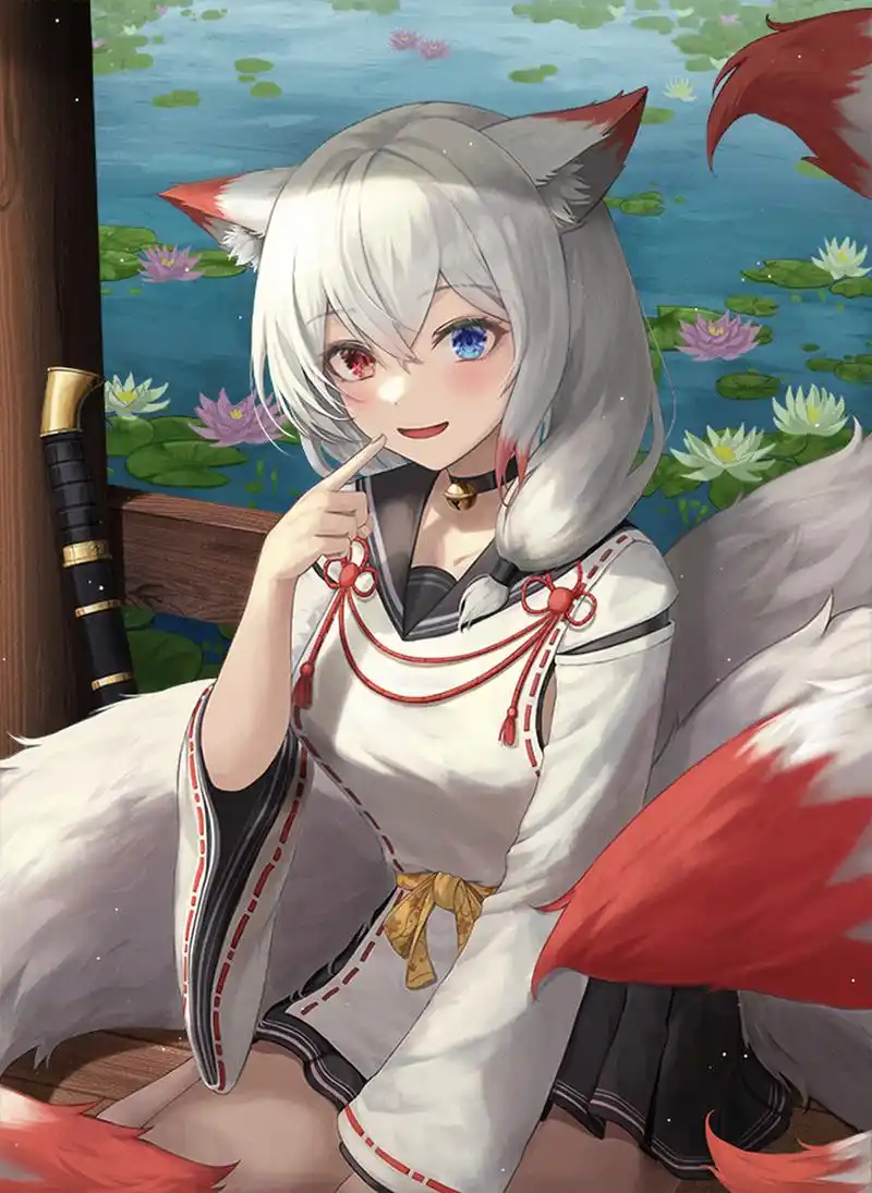 在湖边凉亭中嬉戏的小狐妖#二次元#  画师:mookyuu9