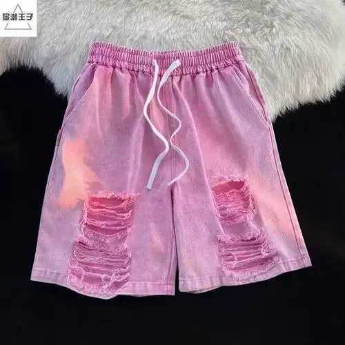 粉色破洞 美式复古破洞短裤男女夏季宽松百搭潮流抽绳设计休闲裤 - 17