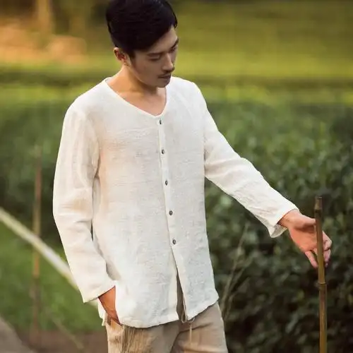 2016春秋韩版亚麻布衬衫男装纯麻料修身衬衣男立领长袖休闲上衣夏