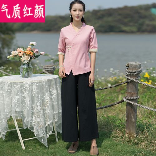 中国风禅意女装茶服禅修居士服改良汉服交领盘扣上衣中式唐装套装