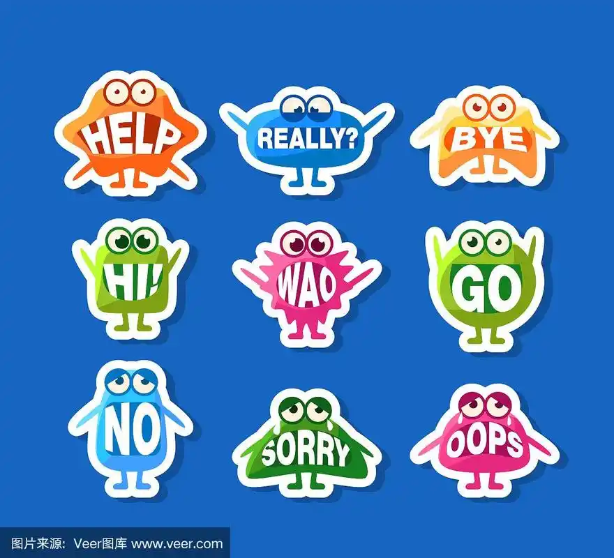 可爱的怪物贴纸集,有趣的表情符号字符在他们的嘴矢量插图