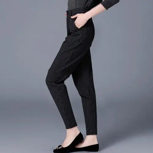 大码女装秋装哈伦裤宽松萝卜裤休闲长裤条纹西装裤200斤胖mm裤子