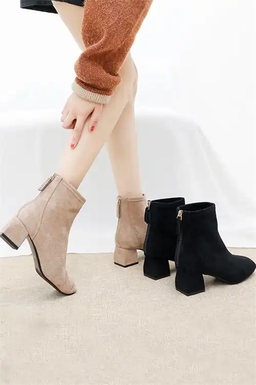 粗跟短靴女秋冬新款韩版百搭短筒后拉链弹力瘦瘦靴
