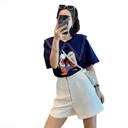 卡通印花娃娃领藏青色短款夏装2021新款减龄t恤