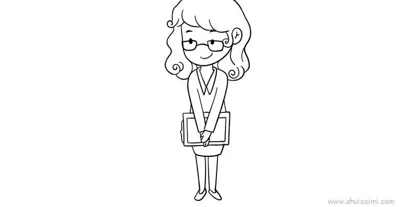 2,然后画出老师的身体部分,再画出她的四肢和手里拿着的书籍.