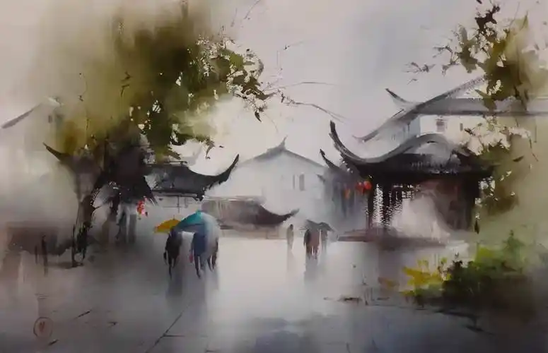 江南水乡水彩画素材--汇图网huitu.