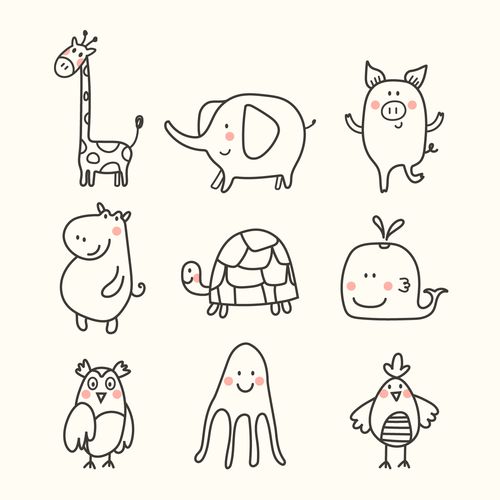 卡通动物线稿笔画长颈鹿大象河马设计素材矢量矢量图设计素材源文件